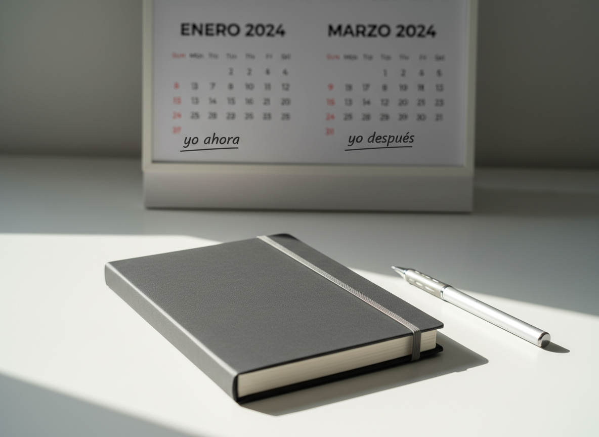 A sleek, closed notebook with a matte charcoal gray cover and a single silver elastic band, resting on a clean white desk. Beside it, a finely sharpened mechanical pencil points toward the top edge, symbolizing planning and determination. In the background, slightly out of focus, a minimalist wall calendar shows the current month and a future month side by side. Soft morning daylight enters from the left, creating gentle highlights along the notebook edges and subtle shadows beneath. Photographic realism, shot at eye level with a shallow depth of field, conveys a professional, focused mood of “yo ahora / yo después,” emphasizing present work and future goals in a modern, organized workspace.