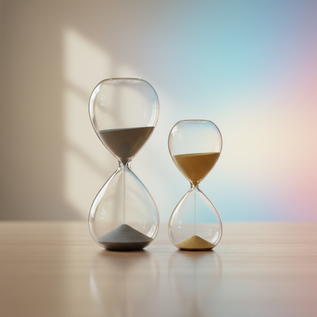 Two transparent glass hourglasses of different sizes stand on a smooth, light wood surface, one almost empty and the other just beginning to flow. The sand in the first is a cool gray, representing the present, while the second holds warm golden sand, symbolizing the future. Behind them, a blurred gradient background shifts from neutral tones on the left to brighter, hopeful colors on the right. Soft side lighting from a nearby window casts delicate shadows and reflections on the wood. Photographic realism, shot from a slightly low angle with the hourglasses centered, creates a calm, professional atmosphere about time, effort, and the certainty of progress.