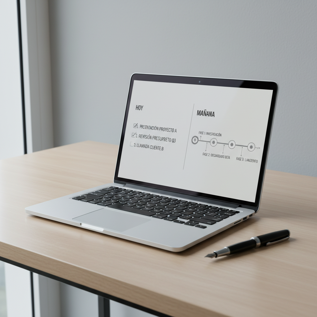 An open laptop with a brushed aluminum finish sits on a tidy desk, its screen split into two clean sections. The left half shows a simple, monochrome checklist labeled “HOY,” while the right half displays a structured roadmap diagram titled “MAÑANA,” with clear milestones connected by fine lines. Next to the laptop lies a slim, black fountain pen aligned perfectly with the desk’s edge. A neutral-toned wall provides an uncluttered backdrop. Cool, diffused daylight from a large unseen window illuminates the scene, reflecting softly on the laptop shell. Photographic realism, shot from a slightly elevated three-quarter angle, establishes a professional, determined mood about working today with clarity toward tomorrow’s success.