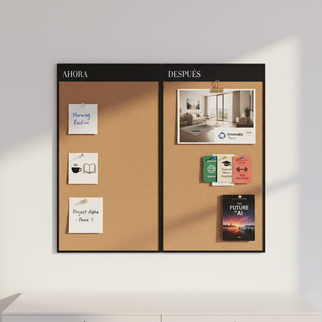A large, vertical cork vision board hangs on a smooth white wall, divided cleanly down the center by a narrow black strip labeled “AHORA” on the left and “DESPUÉS” on the right in elegant sans-serif typography. On the “AHORA” side, a few neatly pinned notes and simple printed icons appear; on the “DESPUÉS” side, more detailed, colorful mockups and goal cards suggest future achievements. A minimalist white desk surface is visible at the bottom edge, slightly blurred. Warm, indirect afternoon light from above right creates gentle shadows under each pin. Photographic realism, captured straight-on with balanced composition, communicates a professional, organized approach to personal growth and planning.